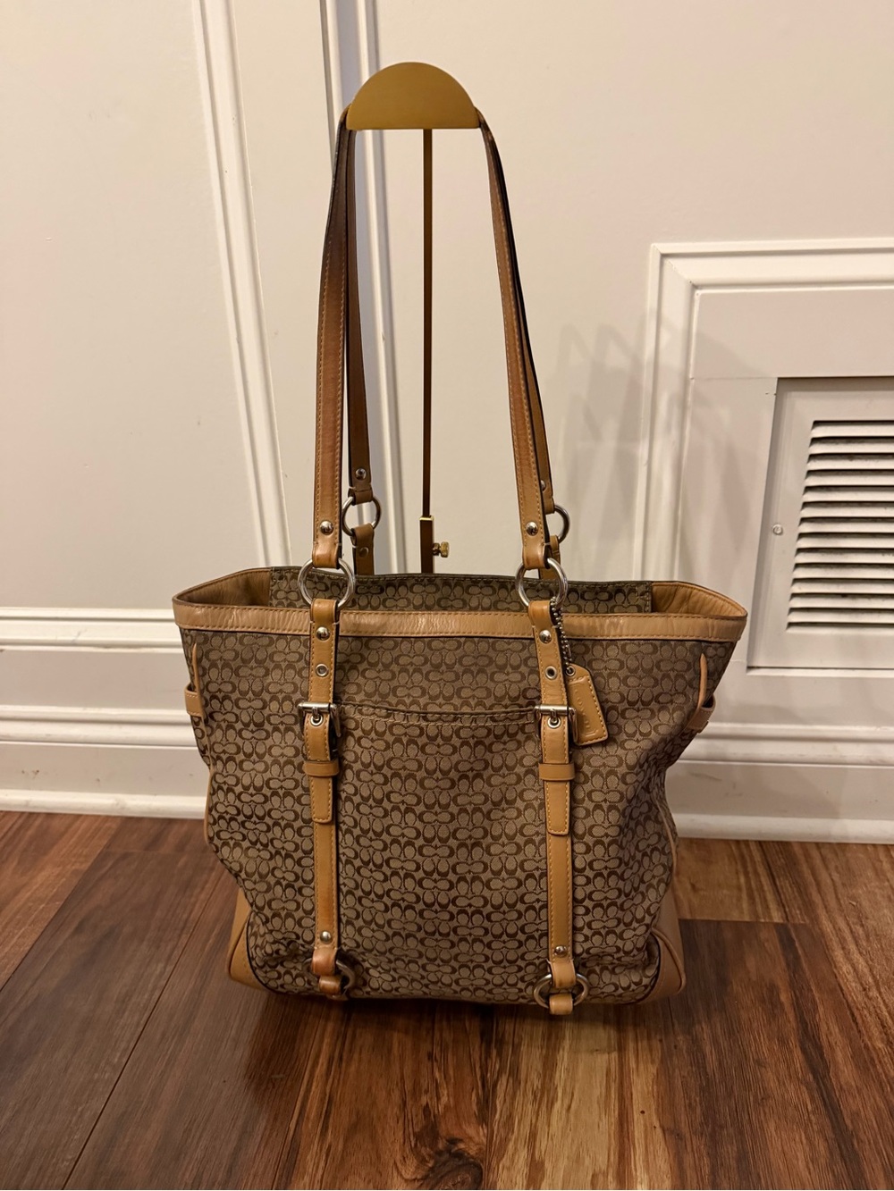 Coach Brown Signature Canvas Tote with Tan Leather Trim